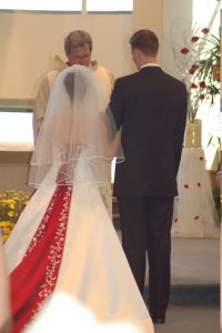 white and red wedding dress